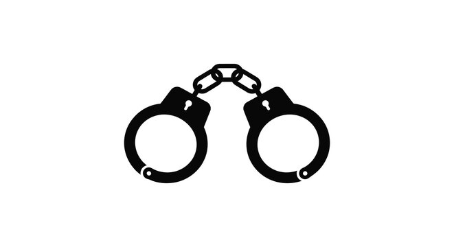A simple black silhouette icon of metal handcuffs isolated on a plain white background for law enforcement concepts