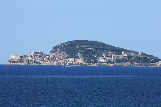 Panoramic view of the historic town of Gaeta and its medieval castle from the sea, Lazio, Italy