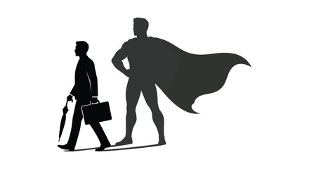 A silhouette of a businessman walking with a superhero shadow representing hidden potential and inner strength © MdGolam