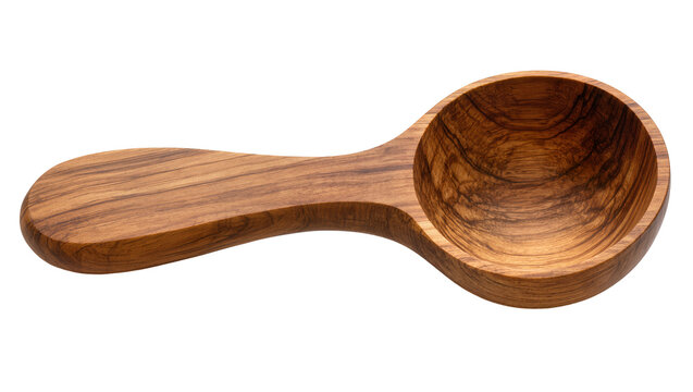 Isolated natural wooden measuring spoon or scoop with distinct wood grain texture