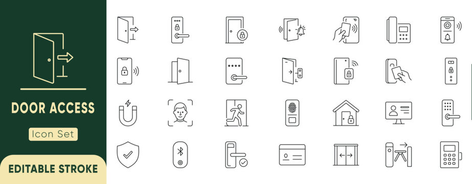 Door access line icon set. Featuring smart locks, biometric scanners, keypads, intercoms, card readers, and turnstiles. Professional editable vector illustration.