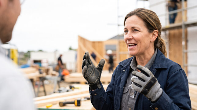 Worker talking while wearing gloves on construction site with wooden framework around. Woman gestures expressing ideas while discussing project with colleague.