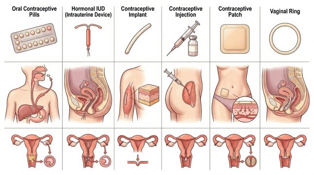Various contraception methods including pills, IUD, patch, injection, and vaginal ring, highlighting their unique features and uses.