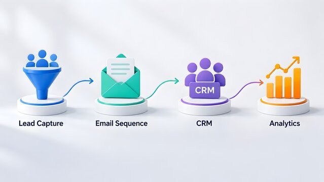 3D workflow concept of digital marketing automation featuring lead capture email sequence CRM and analytics icons on white podiums