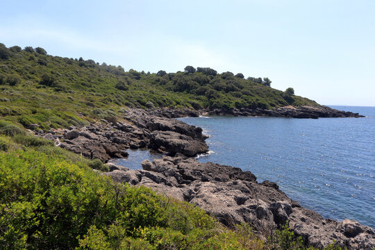 Scenic view of the rocky coast and Mediterranean vegetation along the Porto Cofaniello trail in Gianola Park (Riviera di Ulisse), Italy