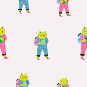 Seamless pattern with cute frog students with backpacks and overalls.