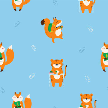 Cute animal students, seamless pattern with fox, squirrel and tiger
