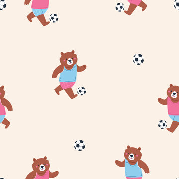 Cute bear playing soccer, football. Kids seamless pattern