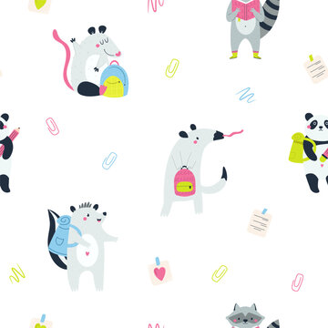 Cute animal students, seamless pattern with skunk, opossum, panda, raccoon, anteater