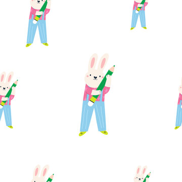 Cute bunny student seamless pattern with pencil and overalls