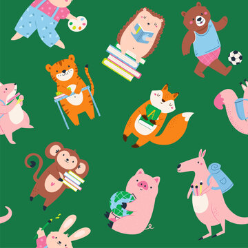 Cute animal students, seamless pattern with hedgehog, fox tiger, monkey