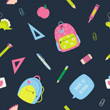 Back to school seamless pattern with cute stationery pencils, pens and school supplies