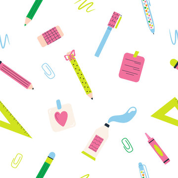 Back to school seamless pattern with cute stationery pencils, pens and school supplies