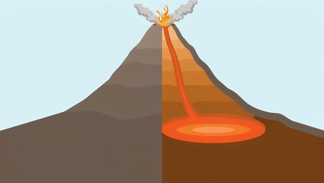 Educational vector cross section diagram showing active volcano anatomy and internal magma chamber structure
