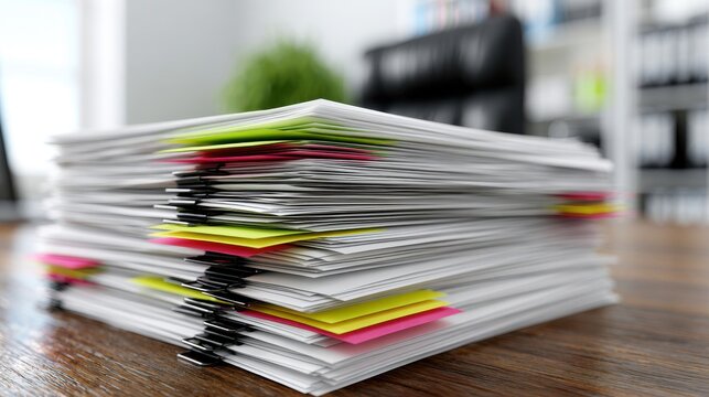 A stack of office documents with colorful sticky notes on a desk. This illustrates organized paperwork and workflow.