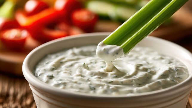 Celery stick dipped in creamy herb dip bowl. Fresh vegetable snack for healthy eating and party food marketing concept.