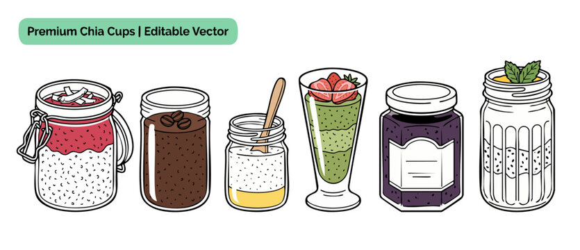 Chia seed pudding jar set vector illustration of healthy breakfast parfait desserts with strawberry matcha chocolate berry yogurt cups for healthy eating food menu isolated on white background