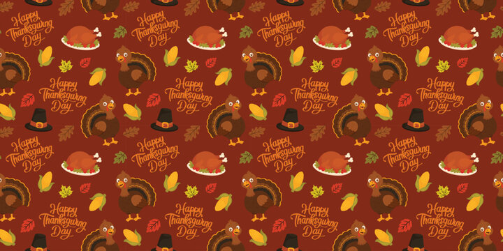 Thanksgiving Seamless Pattern with Turkey, Roast Dinner, Corn and Pilgrim Hat