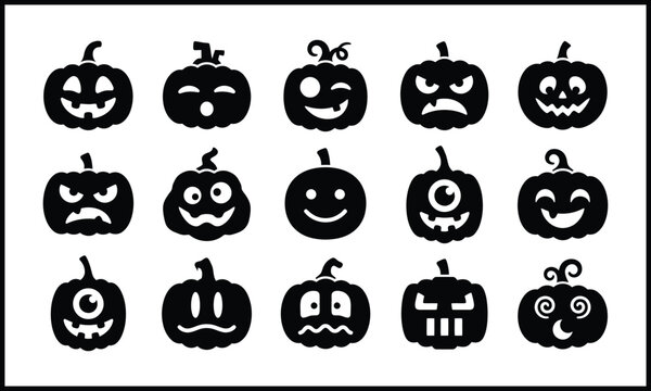 Halloween jack o lantern pumpkin face icon set. Scary pumpkin, cute pumpkin, evil face, angry face, monster pumpkin, cyclops eye pumpkin, dizzy pumpkin