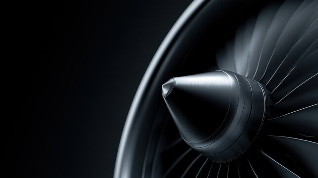 A close-up view of a modern jet engine turbine blade against a dark background. Symbolizing engineering, aerospace.