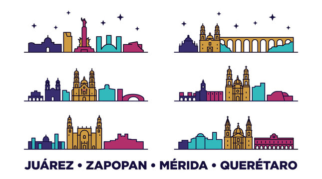 Mexican city skyline collection with vibrant gradient line art vector illustration featuring Ju&aacute;rez, Zapopan, M&eacute;rida and Quer&eacute;taro landmarks