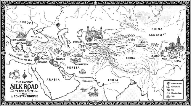 Silk Road Ancient Trade Route Illustrated Map Caravanserai Desert Dunes Mountain Passes Camels Spice Markets Merchant Ships Xi'an Constantinople Decorative Border Vector