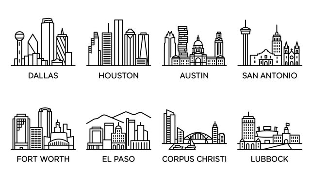 Texas city skyline outline collection with minimalist black line art vector illustration featuring Dallas, Houston, Austin, San Antonio, Fort Worth, El Paso, Corpus Christi and Lubbock