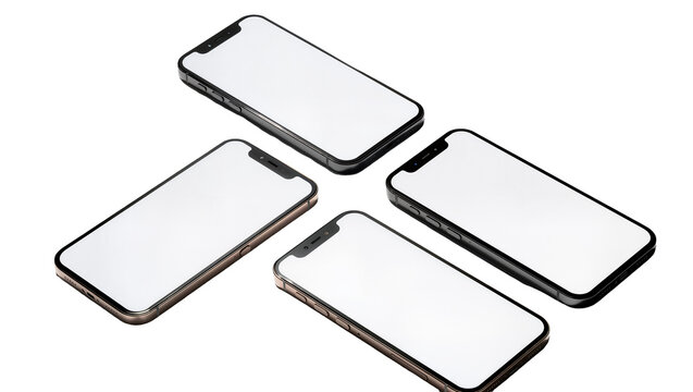 Isolated four sleek modern smartphones with blank screens for UI UX design and app presentation