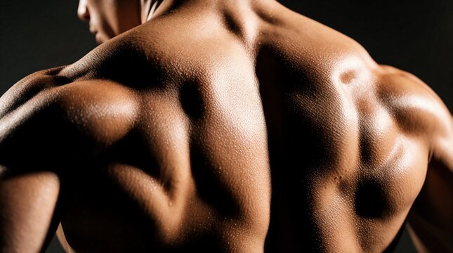Muscular man shows defined back anatomy, strong trapezius muscles. Athletic male physique with tanned skin texture under dark lighting. Bodybuilder exercises in gym for strength training. Human torso