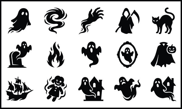 Halloween spooky ghost element icon set. Ghost, grim reaper, black cat, haunted house, zombie hand, ghost ship, voodoo doll, grim cloak