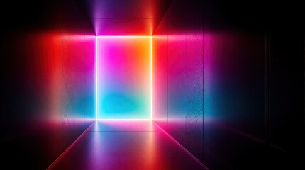 Fototapeta premium Abstract hallway features glowing neon rectangular portal. Bright pink, blue light illuminate dark corridor space. Futuristic tunnel creates visual path towards digital exit. Modern geometric