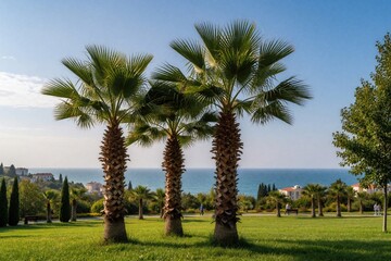 Fototapeta premium Three palm trees stand tall on a green lawn overlooking the blue sea and a distant coastal town. Evergreen foliage and clear sky create a serene landscape. People stroll along a path.