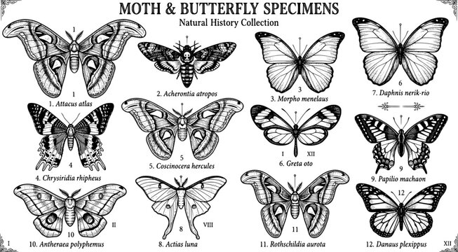 Vintage Natural History Moth Butterfly Specimen Sheet Atlas Death's-Head Hawkmoth Blue Morpho Madagascan Sunset Hercules Glasswing Entomology Display Vector
