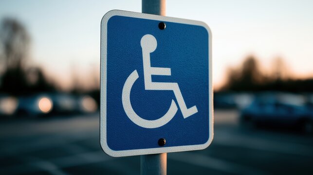A blue accessible parking sign stands in a parking lot. It represents handicap accessibility and inclusive parking.