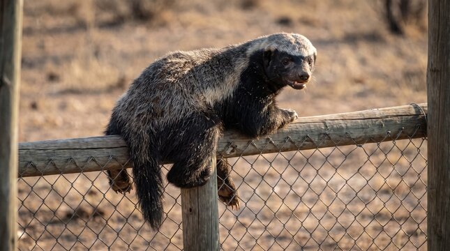 Honey Badger Climbing Over a Wooden Fence in African Savannah at Golden Hour