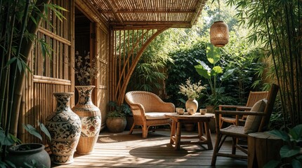 Obraz premium Peaceful bamboo terrace features wooden furniture, wicker chairs on sunny patio. Ornate ceramic vases stand near rich plants. Relaxing garden area provides zen atmosphere for spa resort travel.
