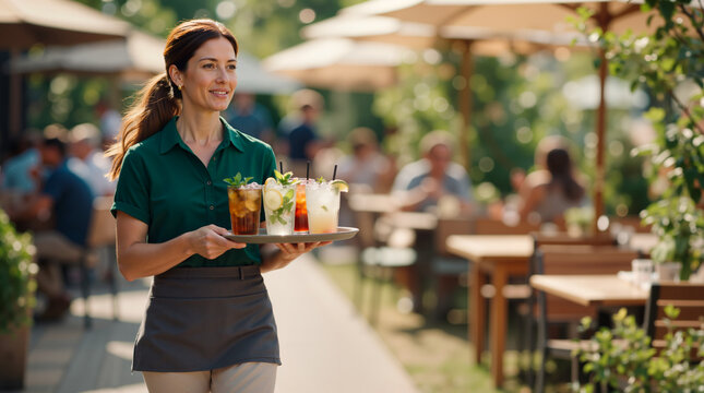 Smiling waitress carrying a tray of refreshing summer cocktails. Female server working at an outdoor restaurant patio on a sunny day