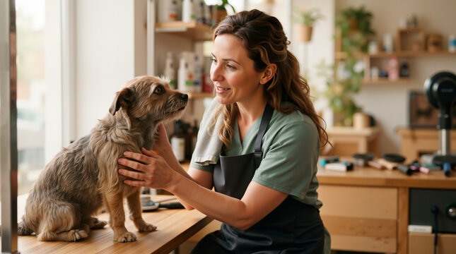 Female dog groomer smiling at a small scruffy terrier on a wooden table. Professional pet care specialist in a salon. Veterinary clinic assistant working with a domestic dog