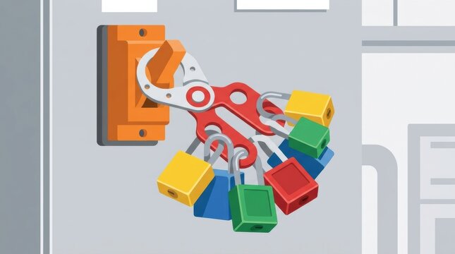 A hasp with several colored locks secures electrical equipment to prevent accidental start during maintenance in an industrial area.