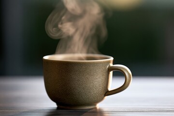 Fototapeta premium Steam rises from green tea in a ceramic mug during morning hours