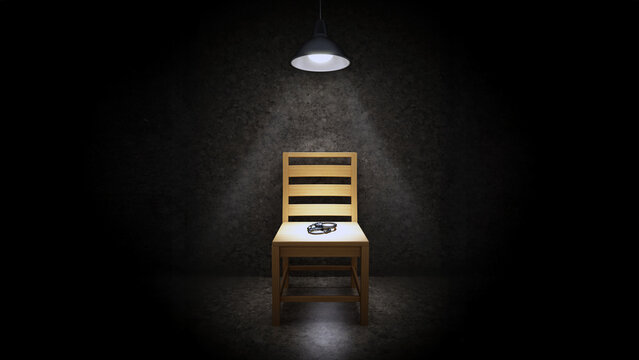 Interrogation room with one wooden chair illuminated with spotlight and handcuffs. 3D illustration