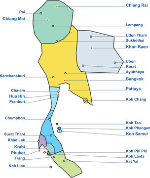 map of Thailand, exact but simplified shapes, regions as main tourist hot-spots. slightly relative sizes of small regions adjusted for better visual visibility. red dots as tourist hot-spots