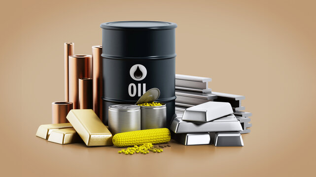 Commodities including crude oil, gold, silver, copper, platinum and corn. 3D illustration