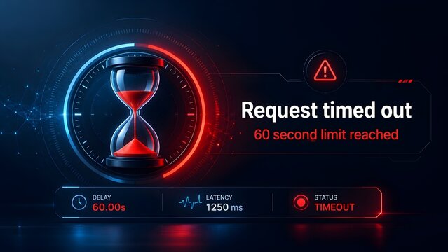 Digital dashboard interface showing a glowing red hourglass and warning alert for a 60 second request timeout error.