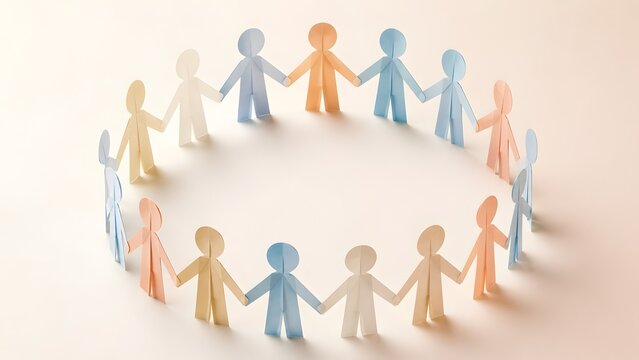 Pastel colored paper figures holding hands in a circle representing diversity inclusion and global unity