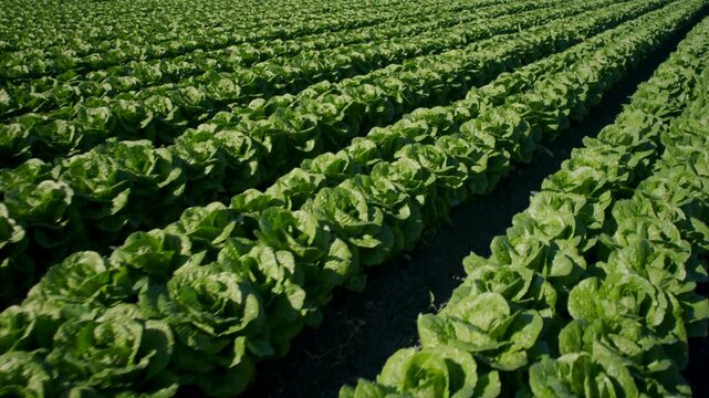Wide angle ground level view of a large lettuce farm field growing fresh green romaine lettuce under daylight