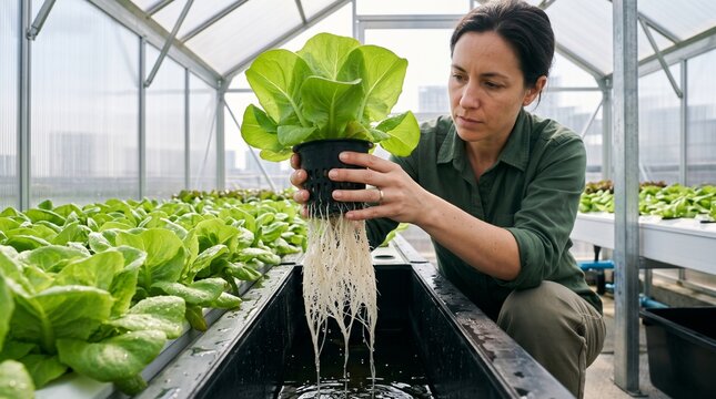 An urban farmer lifts a hydroponic lettuce plant to inspect its clean wet roots inside a rooftop greenhouse. The unusual growing-channel perspective emphasizes sustainable food technology and plant he