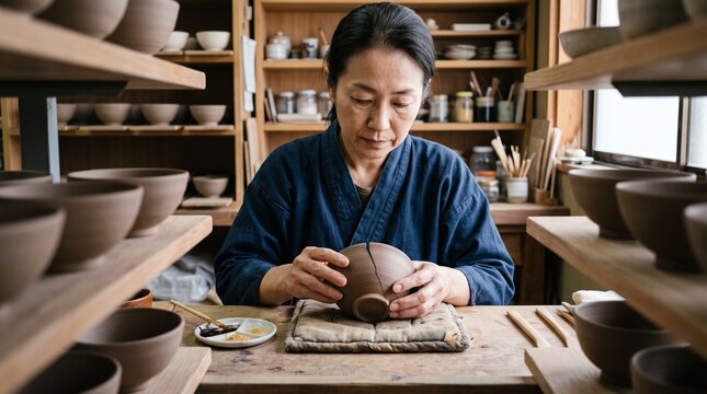 A ceramic artisan carefully aligns the broken pieces of a handmade tea bowl in a compact neighborhood workshop in Japan. The scene highlights restoration, craftsmanship and sustainable repair.