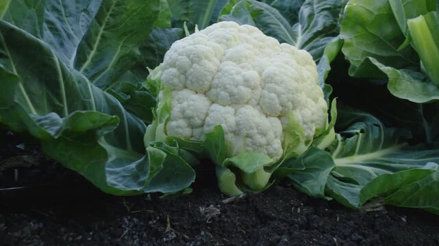 Close up of a fresh white cauliflower growing in a farm field with green leaves