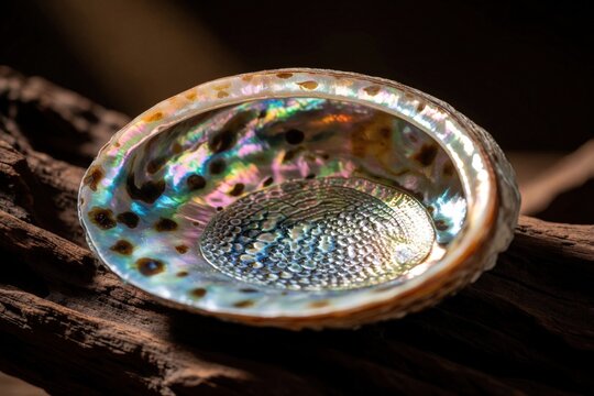 Iridescent abalone shell rests on dark textured driftwood. Shimmering rainbow colors glow inside smooth pearly surface. Macro shot shows beautiful organic details of marine mollusc on rustic wood.